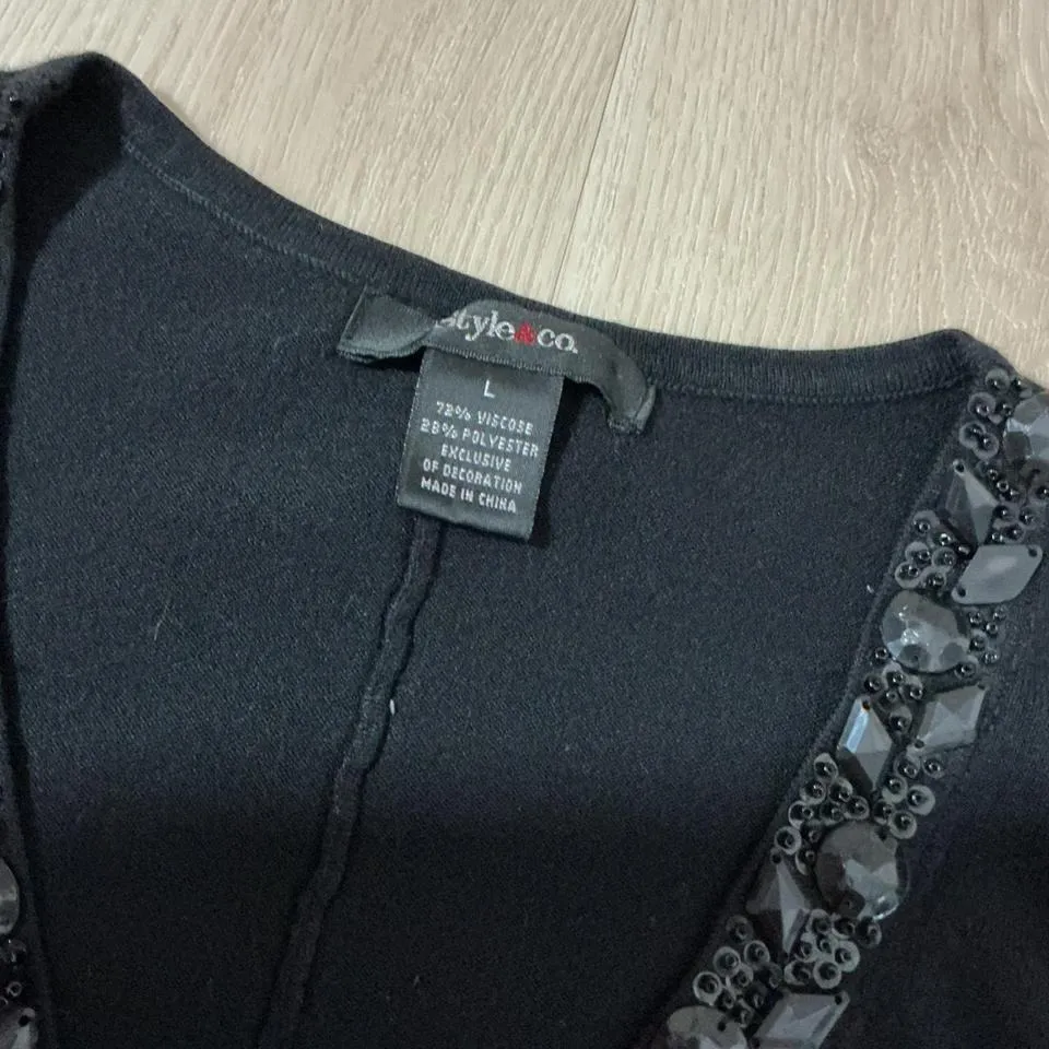 Style & Co Black Embellished V Neck 3/4 Sleeve Wrap Style Sweater Top L - Image 4