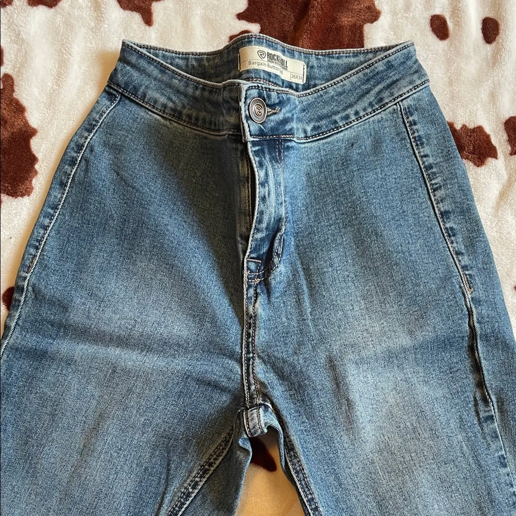 Rock & Roll Cowgirl Distressed Blue Flare Jeans - Image 4