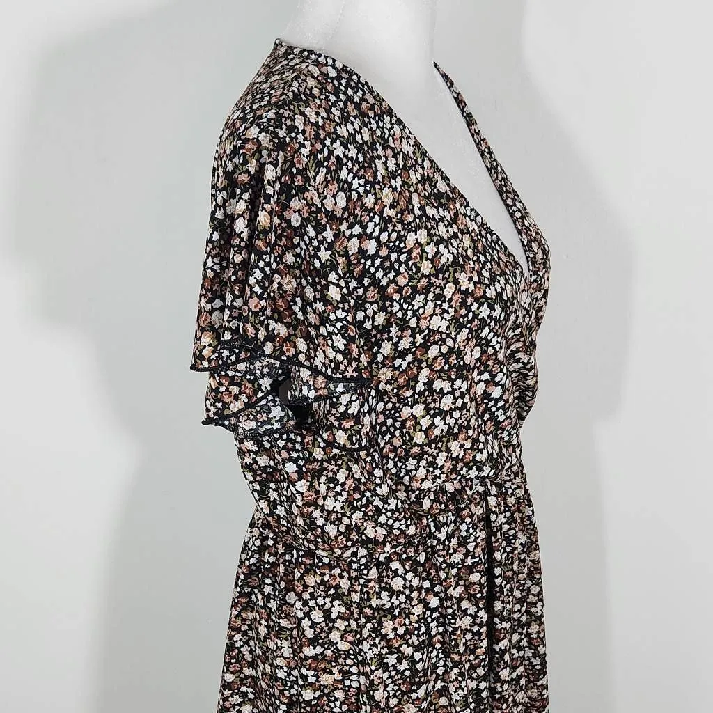 Black Floral Mini Dress Size Large SHEIN Floral Wrap Dress Wedding Guest Dress - Image 5