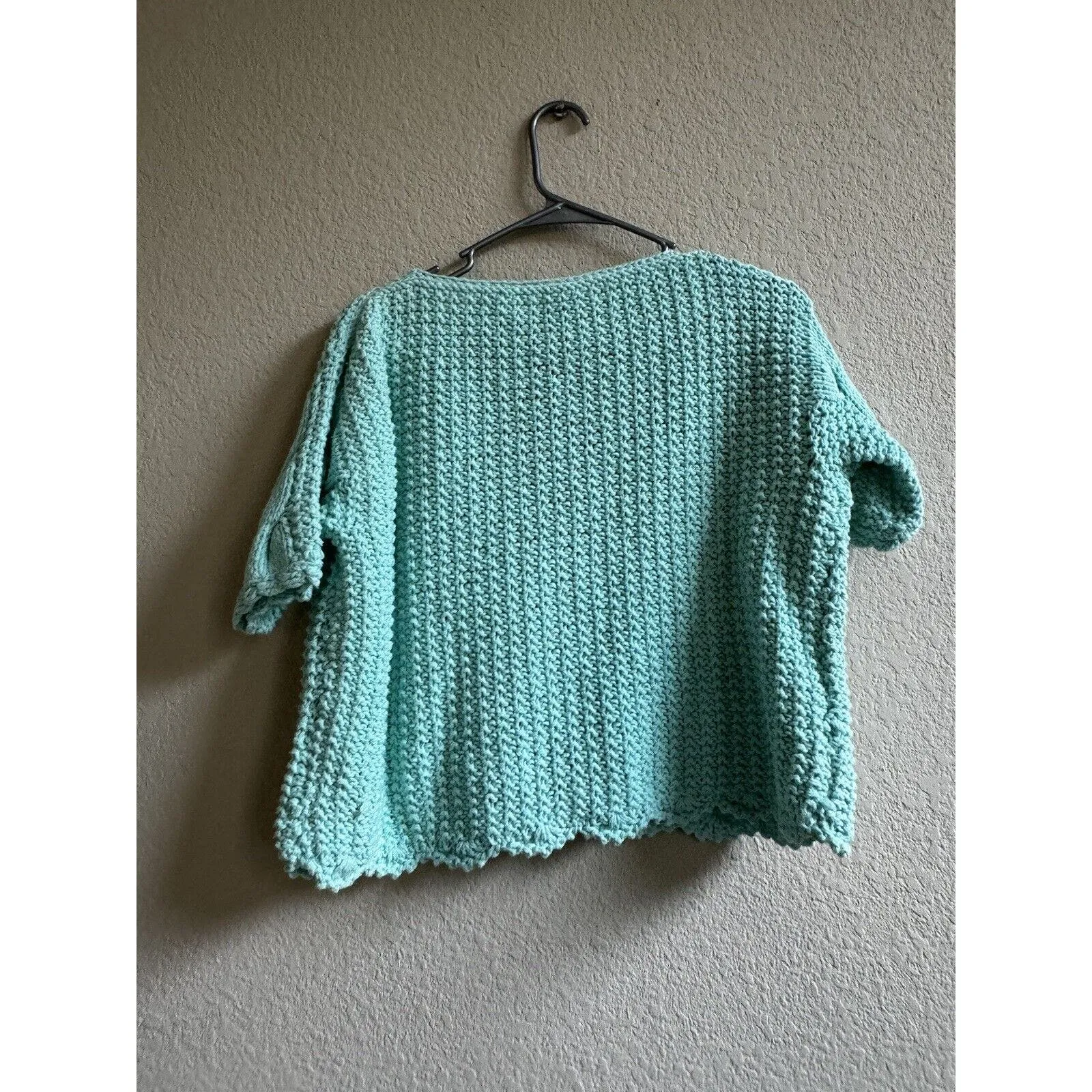 Vtg Handmade Seafoam Women’s L Chunky Knitted Sweater Cardigan Crochet‎ Cropped Green Size L - Image 5