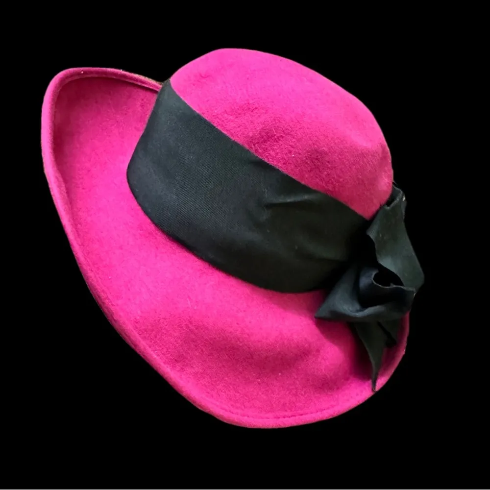 Frank Olive Vintage 1960’s Fuchsia Wide Brim Hat with Black Band Pink - Image 3