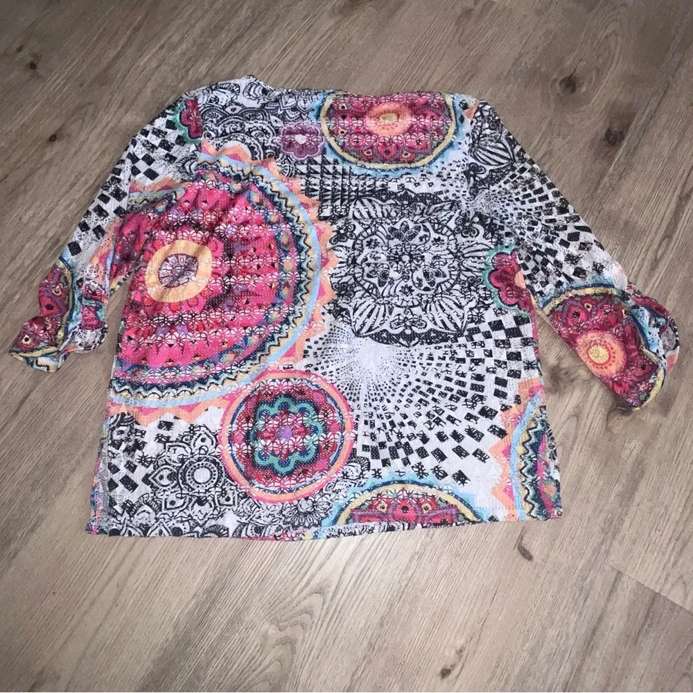 Onque Casual Fuchsia Orange Black White Boho Mandala Style Crochet Knit Top L Size L - Image 7