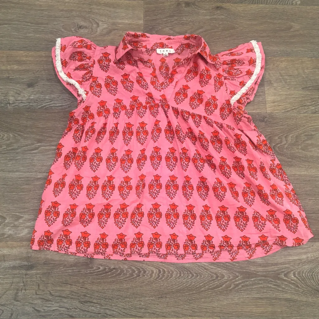 THML Pink & Red Cotton Flutter Sleeve Collared Blouse - Women’s Medium - Image 2