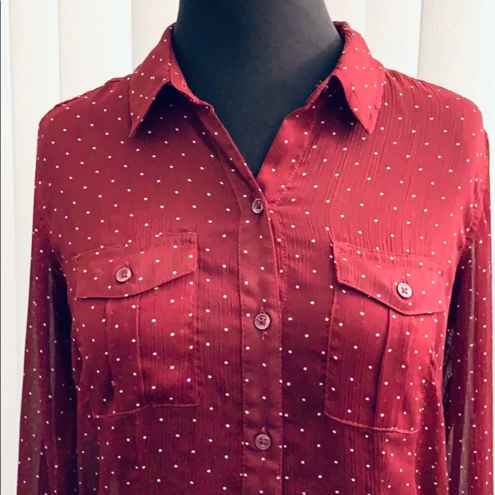Eddie Bauer Polka Dot Sheer Button Down Blouse. - Image 5