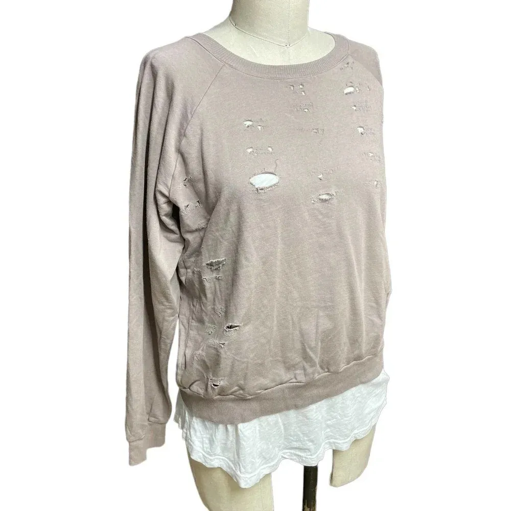 Monrow Distressed Double Layer Sweatshirt Fawn White‎ Size Medium Tan - Image 3