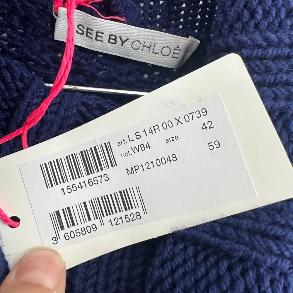 See By Chloe Sweater Womens 6 Navy Wool Blend Textured Chunky Fisherman Tunic - Image 11