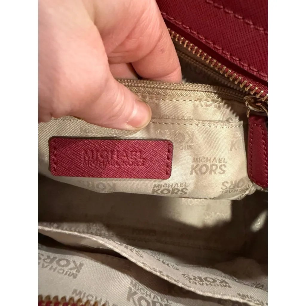 Michael Kors Hamilton Small Satchel Crossbody Logo Canvas Burgundy Leather flaw - Image 13