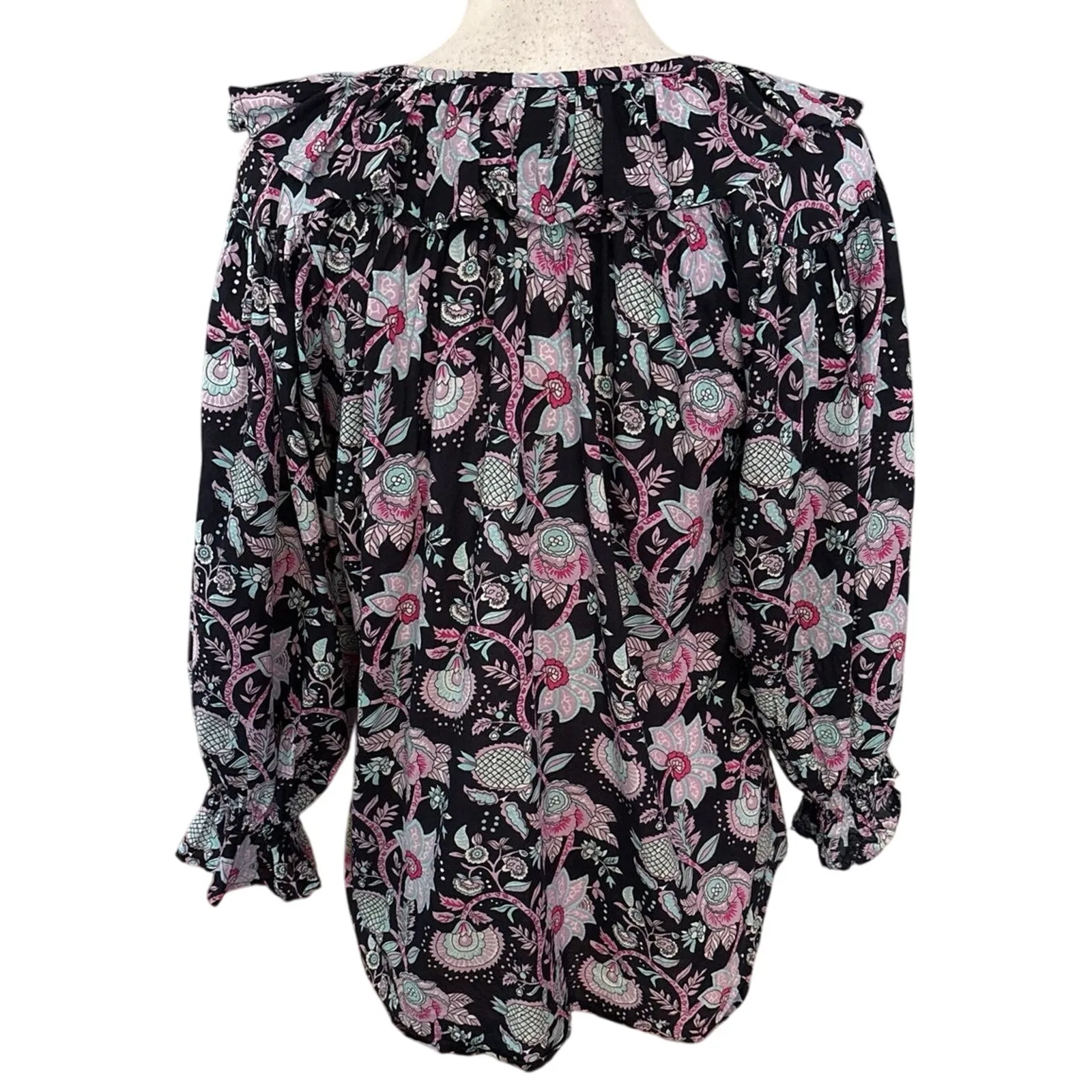 Mille Anthropologie Size XS Floral Print Blouse Top Ruffles Boho Tassel Ties Blue - Image 2