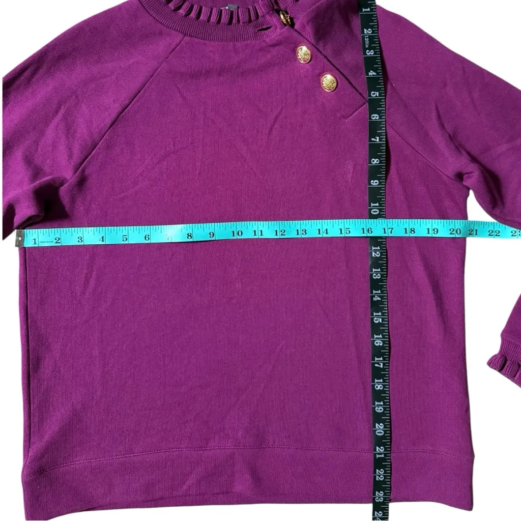 Talbots Ruffle Trim Raglan Purple Sweater Gold Buttons Cottage Boho Size Medium - Image 4