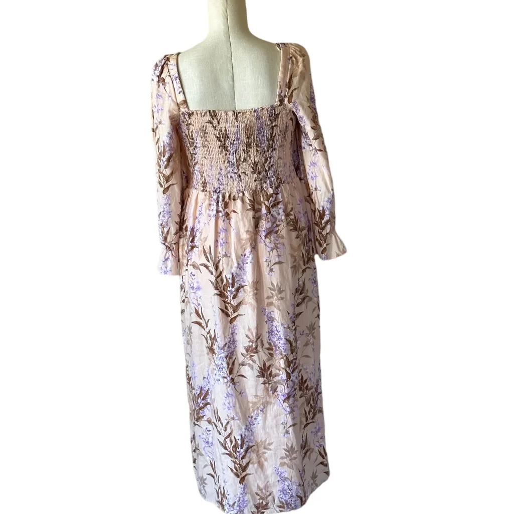 NWOT House of Harlow 1960 Linen Smocked Pink Palm Midi Dress Bishop Sleeve Size M - Image 5