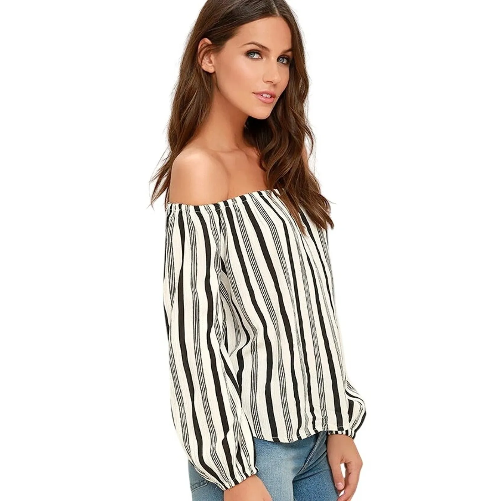 Billabong Striped Mi Amore Off-The-Shoulder Top Size Med Festival‎ Casual Vacay - Image 4