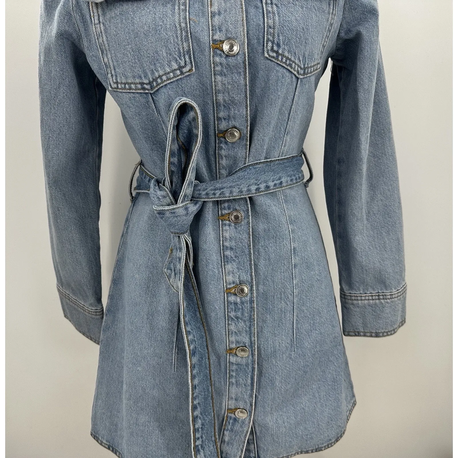 ZARA Denim Shirt Dress Blue Belted Long Sleeve Mini Dress 100% Cotton Women M - Image 6