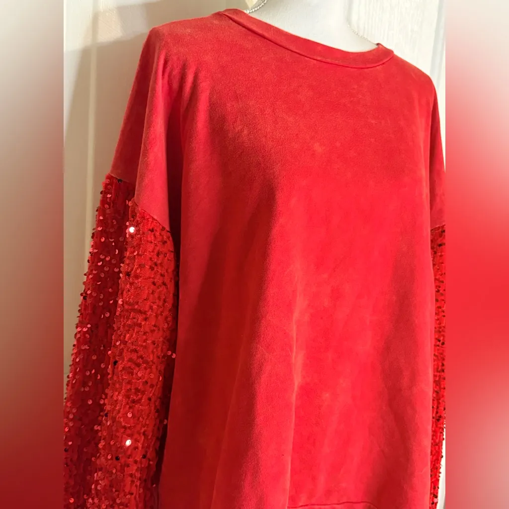 Bibi Crew Sweatshirt L Red Acid Wash With Sequins Sleeves Size L - Image 2