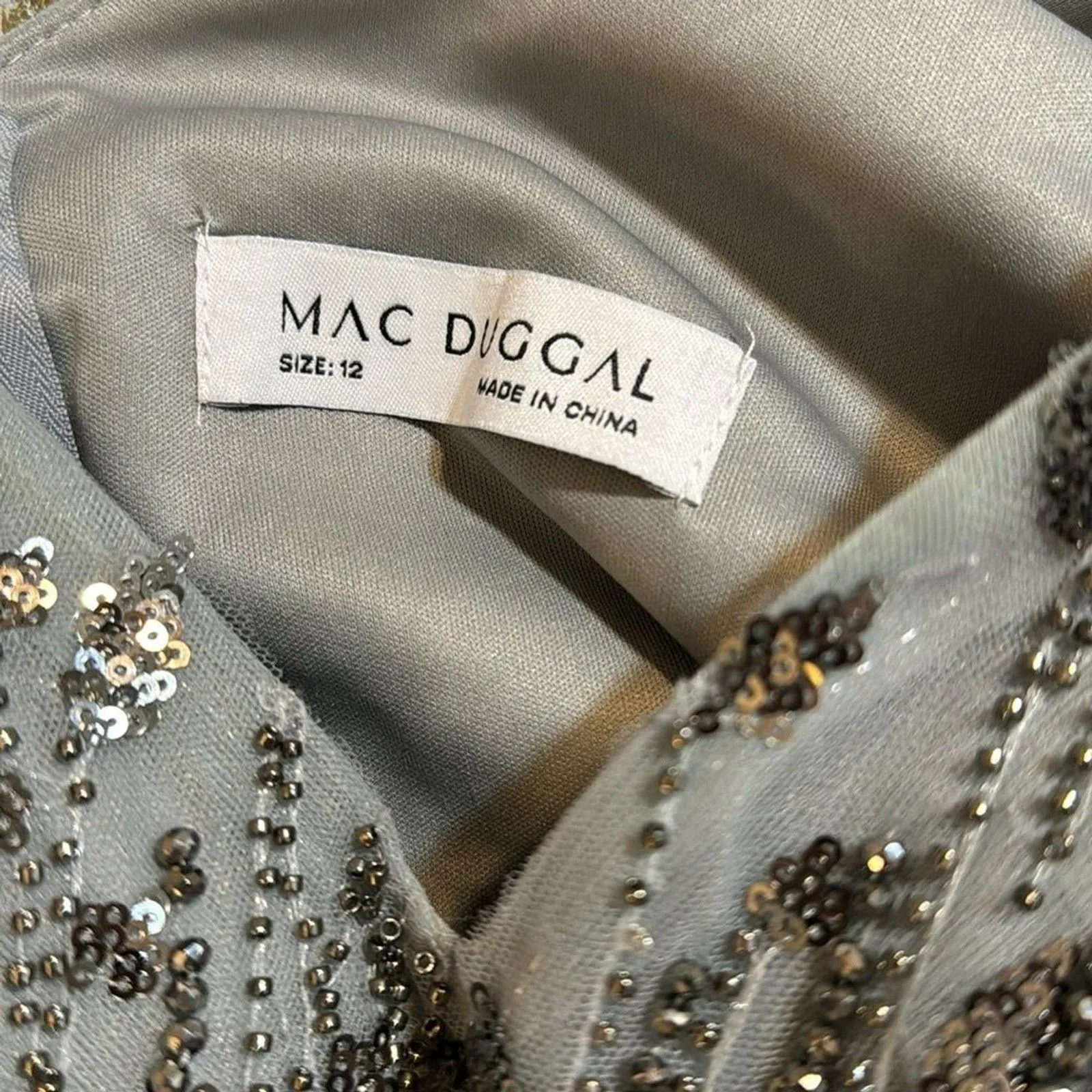 Mac Duggal EMBELLISHED V NECK LONG SLEEVE A LINE GOWN in platinum blue size 12 - Image 14