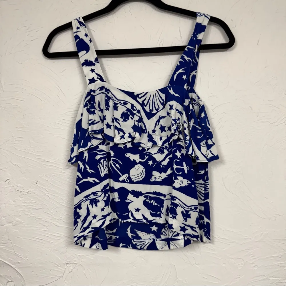 & Other Stories Blue White Nautical Print Ruffled Crop Top Womens 6 Beachy Vaca - Image 5