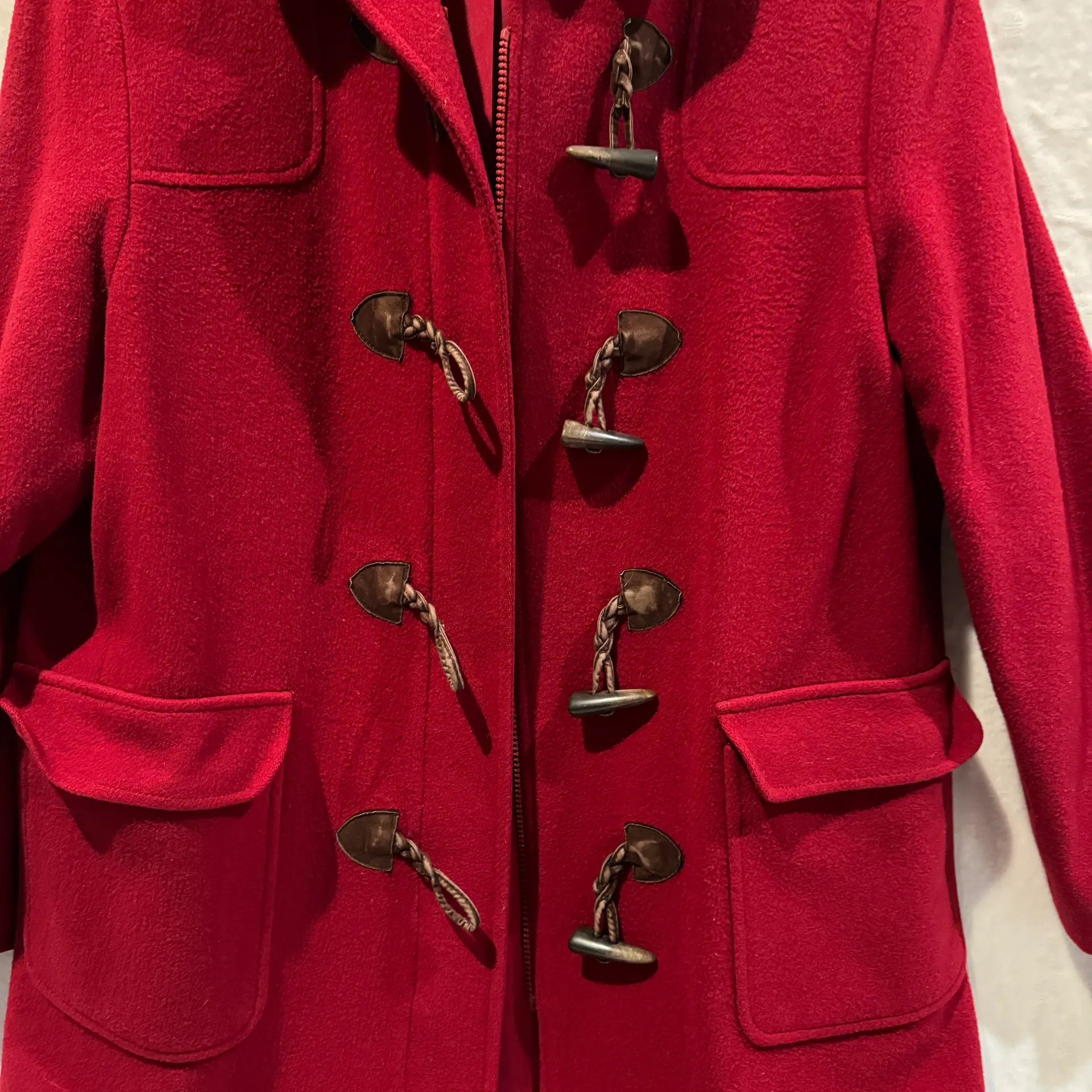 100% Wool Red Womens Duffle Coat Size 12 Toggle Closure Winter Outerwear H348 - Image 10