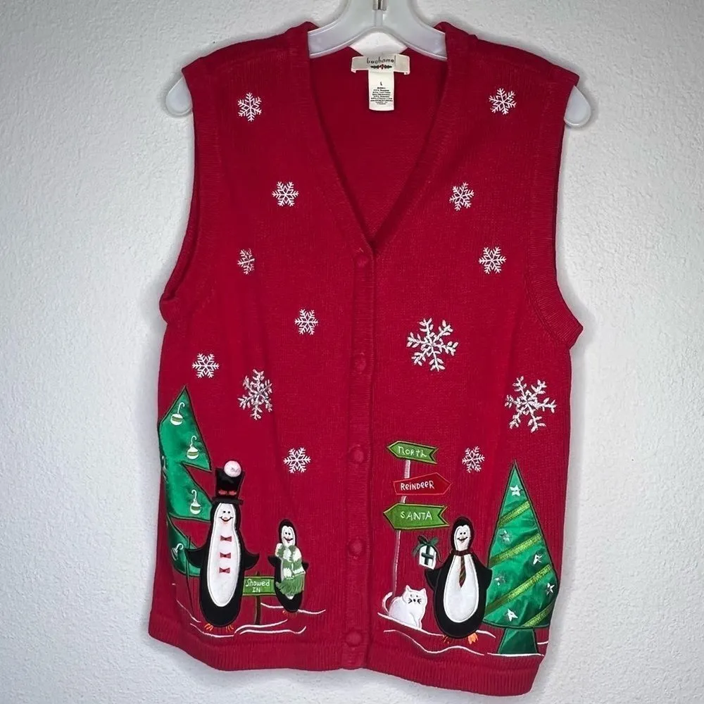 Bechamel Christmas Sweater Vest‎ Penguins Red Size L - Image 5