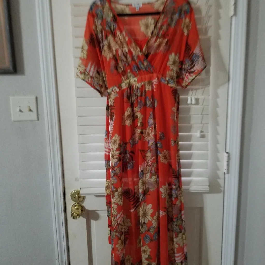 Womens Floral Maxi Dress With Short Sleeves & Empire Waist By Carters Sheer Oran Orange - Image 2