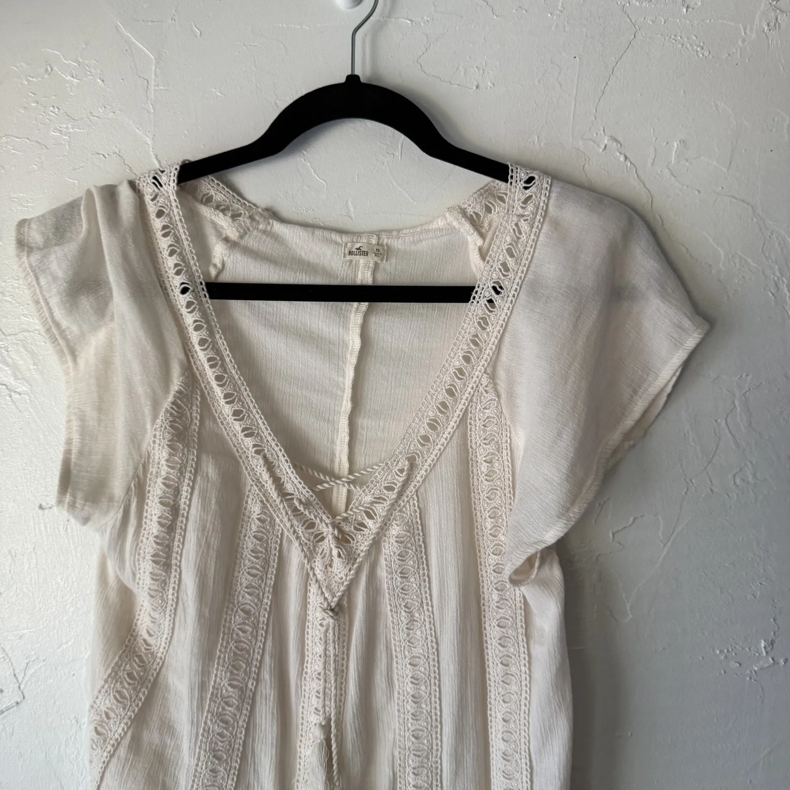 Hollister‎ Shirt XS White Boho Crochet Lace Peasant Blouse Top Coquette Festival - Image 2