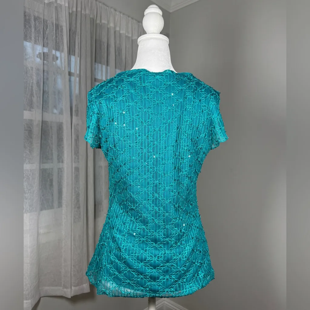 Vintage Y2K Wrapper Teal Sequined V-Neck Short Sleeve Blouse - Image 4
