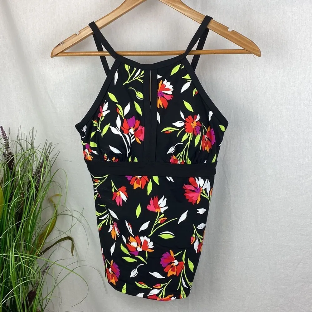 Land’s End Black Floral Print Keyhole Contour Tankini Swim Bathing Suit Top 8P - Image 2