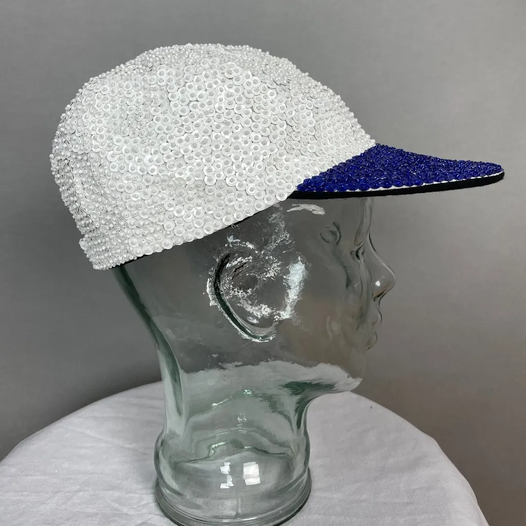 Sequin‎ Baseball Hat Cap Blue White One Size Cotton Lining Funky Bold Playful - Image 3