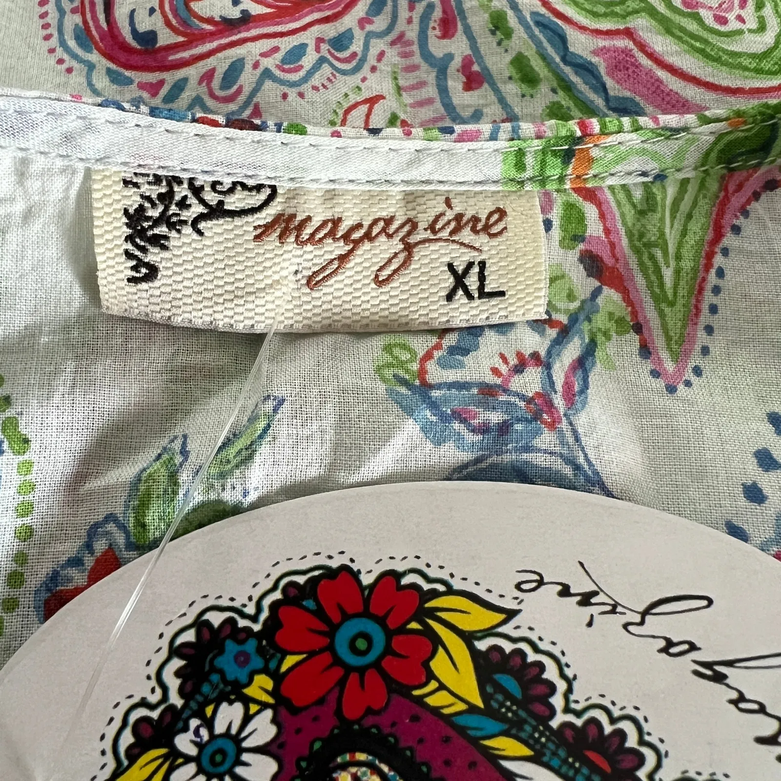 MAGAZINE Paisley Print Embroidered Blouse Sz XL Colorful Boho Chic Cottage NEW White - Image 6