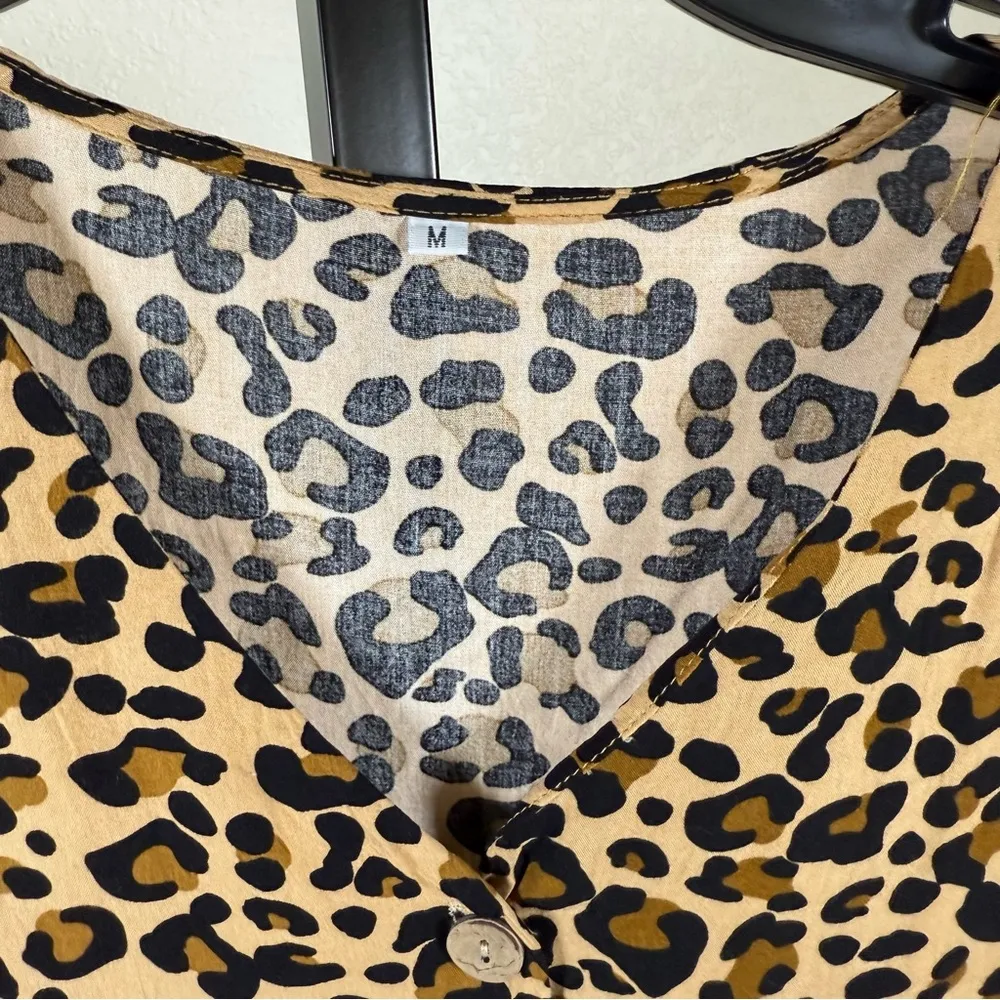 Animal Print Button Front Babydoll Top Short Sleeve Relaxed Fit Tunic Medium Tan - Image 6