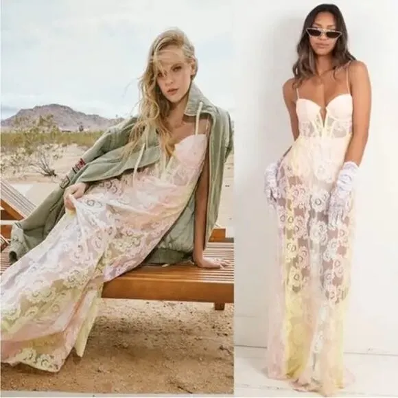 For Love & Lemons Blossom Pink Lemonade Sheer Lace Bodysuit Boho Maxi Dress S - Image 2