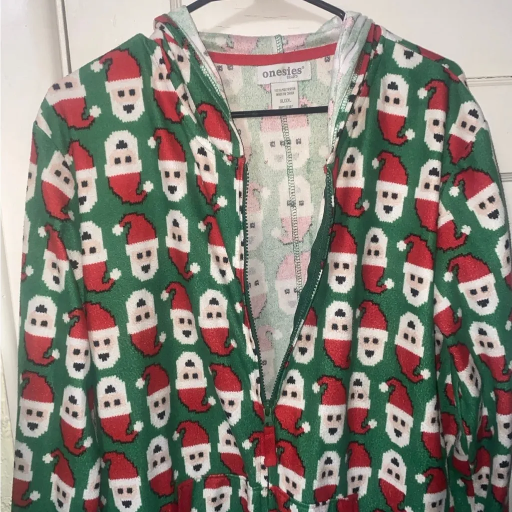 Onesies Brand Santa Print All Over Christmas Onesie With Pockets, Hood & Zipper Green Size XL - Image 4