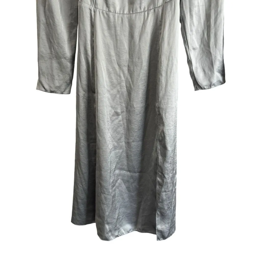 Aritzia Wilfred Bridgerton Satin Blue Square Neck Long Sleeve Slit Midi Dress 0 - Image 7