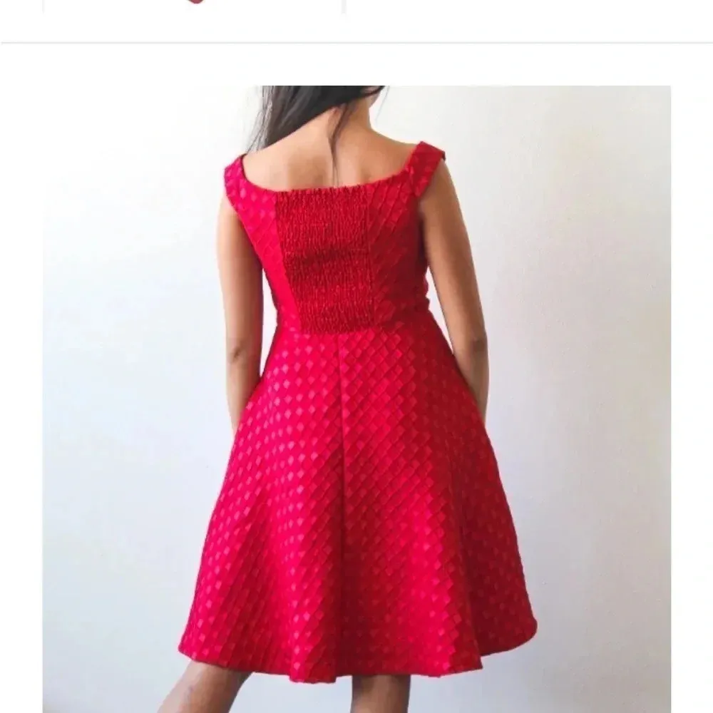 Anthropologie Red Textured Fit & Flare Dress Retro Holiday - Image 9