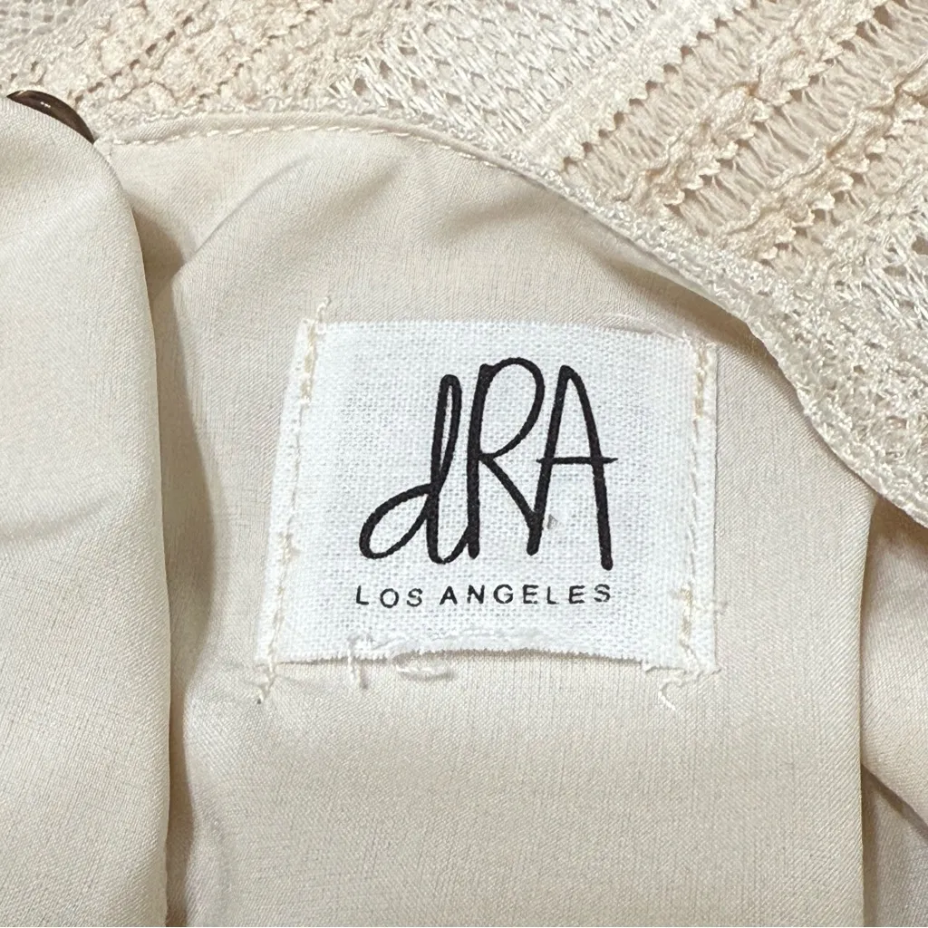 dRA Los Angeles Cream Beige Crochet Striped Midi Dress Ruffle Sleeves Large Tan - Image 5