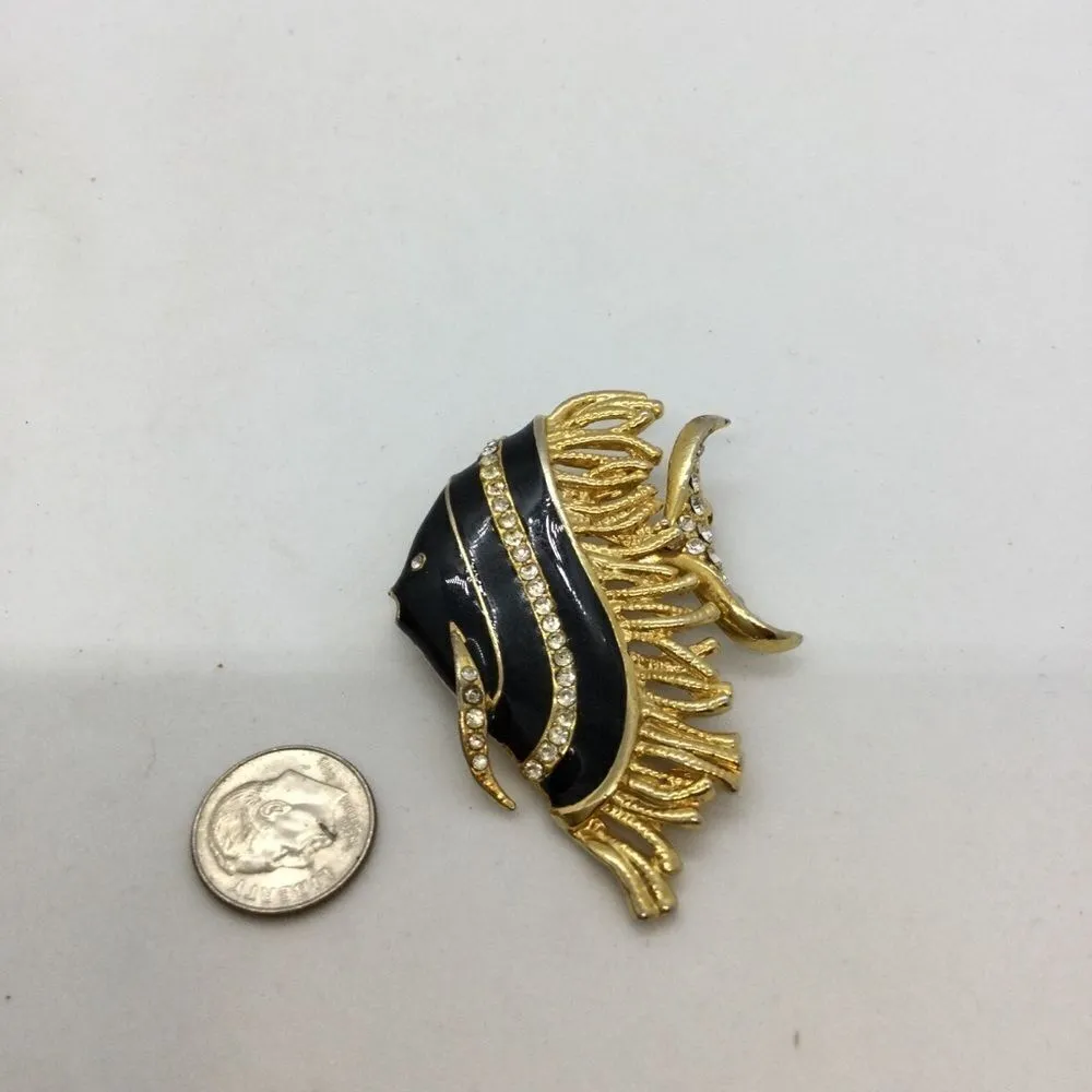 Vintage Enamel Rhinestone Fish Brooch Jewelry Gold - Image 2