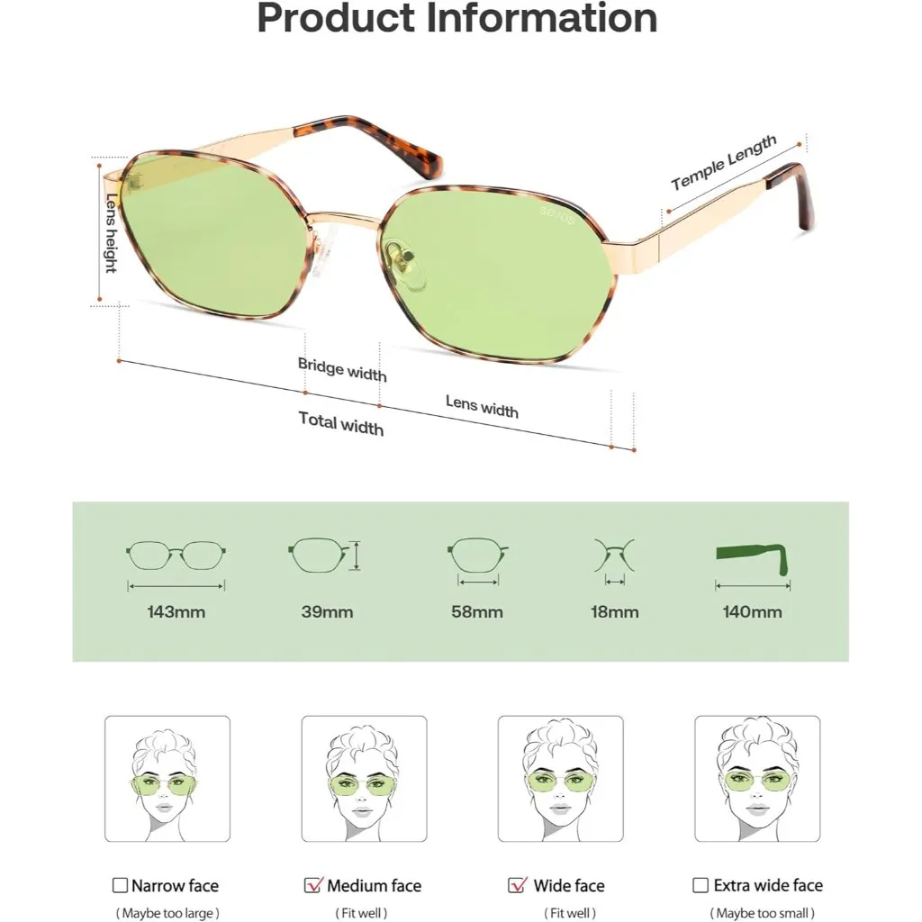 Unisex Tortoise/Green Trendy Hexagon Sunglasses for UV400 Retro Rectangle Shades Tan - Image 4