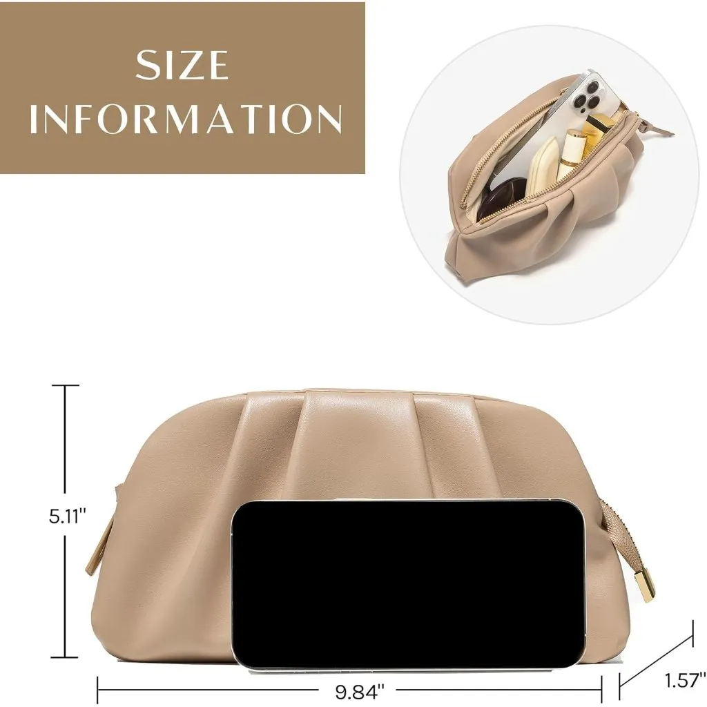 ⚡Women's Soft Pleated Vegan Leather Zipper Closure Evening Tan Clutch Bag - Image 5