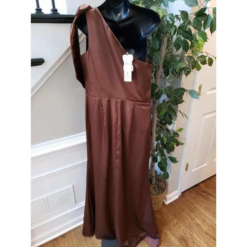 Hebeos Long Maxi Dress Womens Medium Brown Formal Bow Satin One Shoulder Off - Image 4