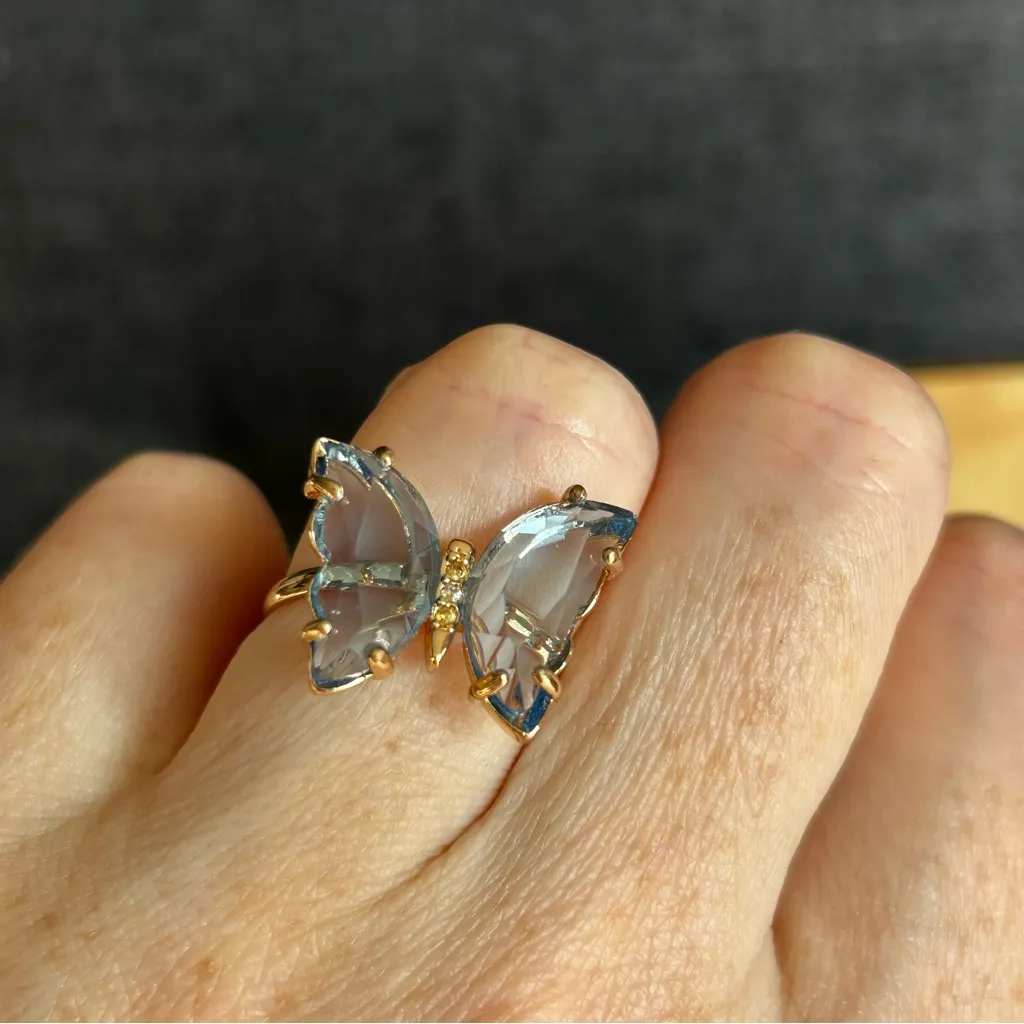 Pretty BLUE Butterfly Gemstone Fashion Ring, Gold, Adjustable - Image 2