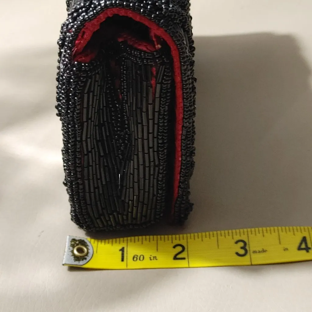 Vintage Black Beaded Evening Clutch Vintage Red Satin Lining Magnetic Closure - Image 4