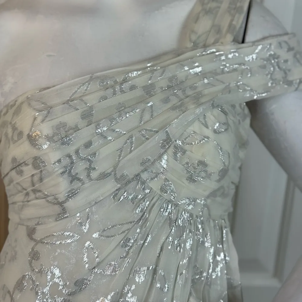 Nicole Miller Silk One Shoulder Dress Maxi 10 Long Foil Silver White Gown Size 2 - Image 10