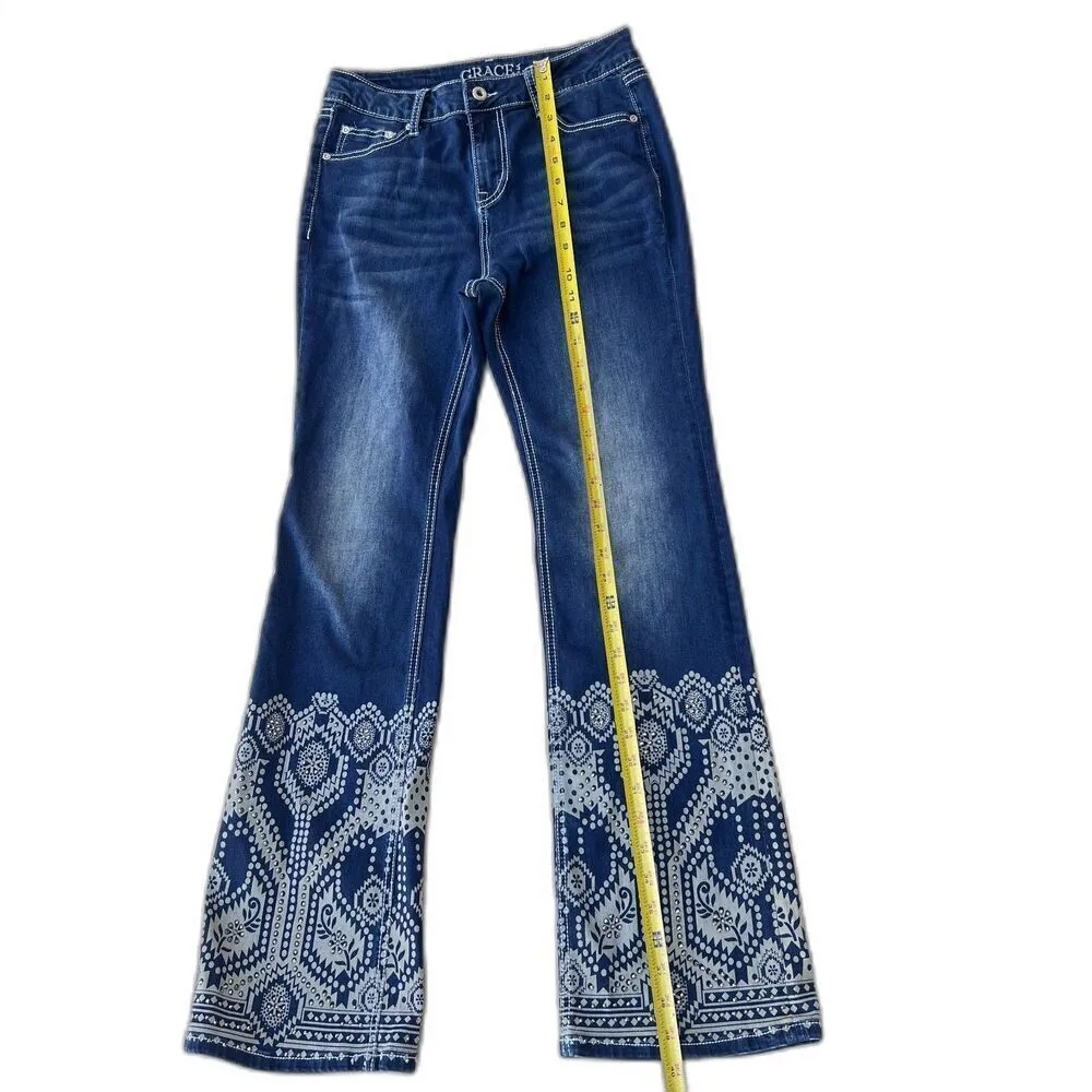 GRACE Cowgirl womens high rise bootcut jeans blue rodeo western denim print 28 - Image 6