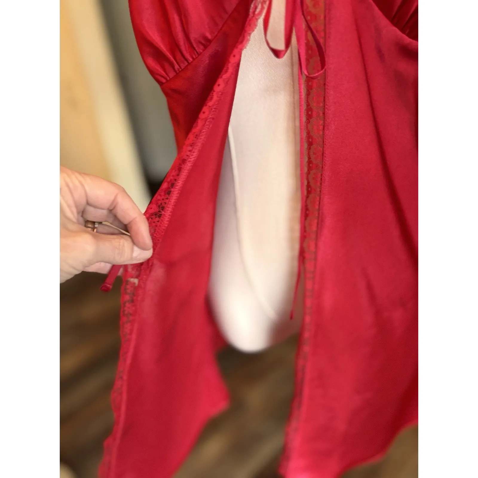 Victoria's Secret Red Babydoll Top Tie Front Small Satin Lace Romantic - Image 4