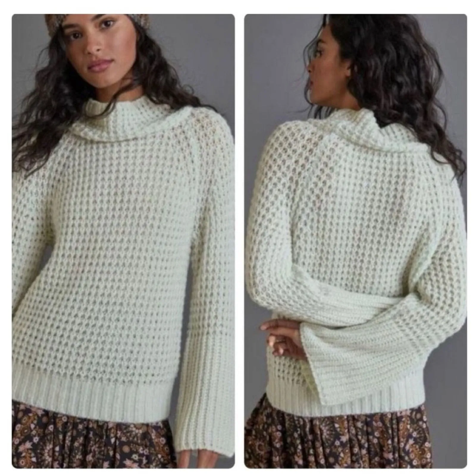 Anthropologie Maeve Dionne Wool Blend‎ Bell Sleeve Sweater LP Green - Image 2