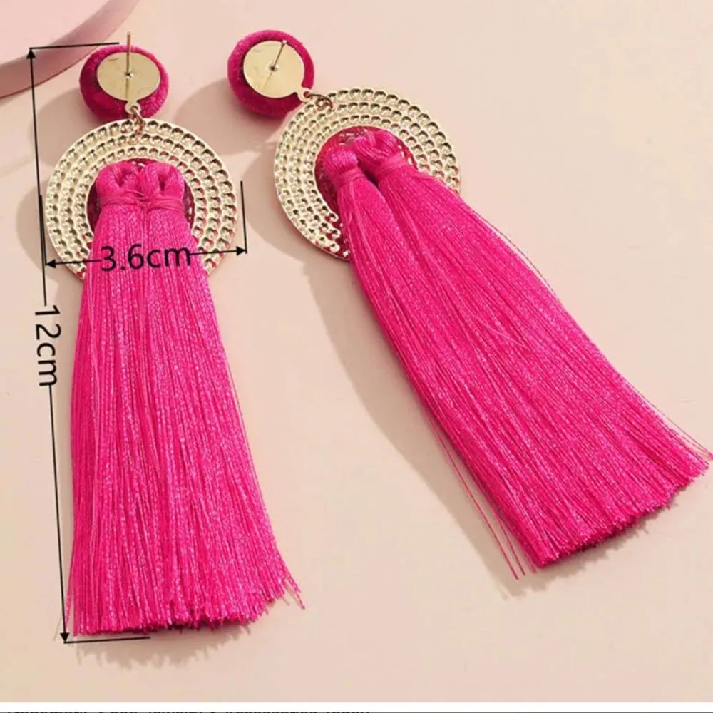 NEW Boho Trendy Fashion Long Tassel Hot Pink Earring Gold - Image 2