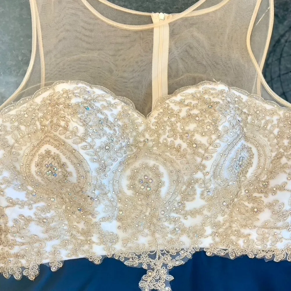 Babyonline D.r.e.s.s. gold lace applique and blue elegant midi Dress size Large - Image 10