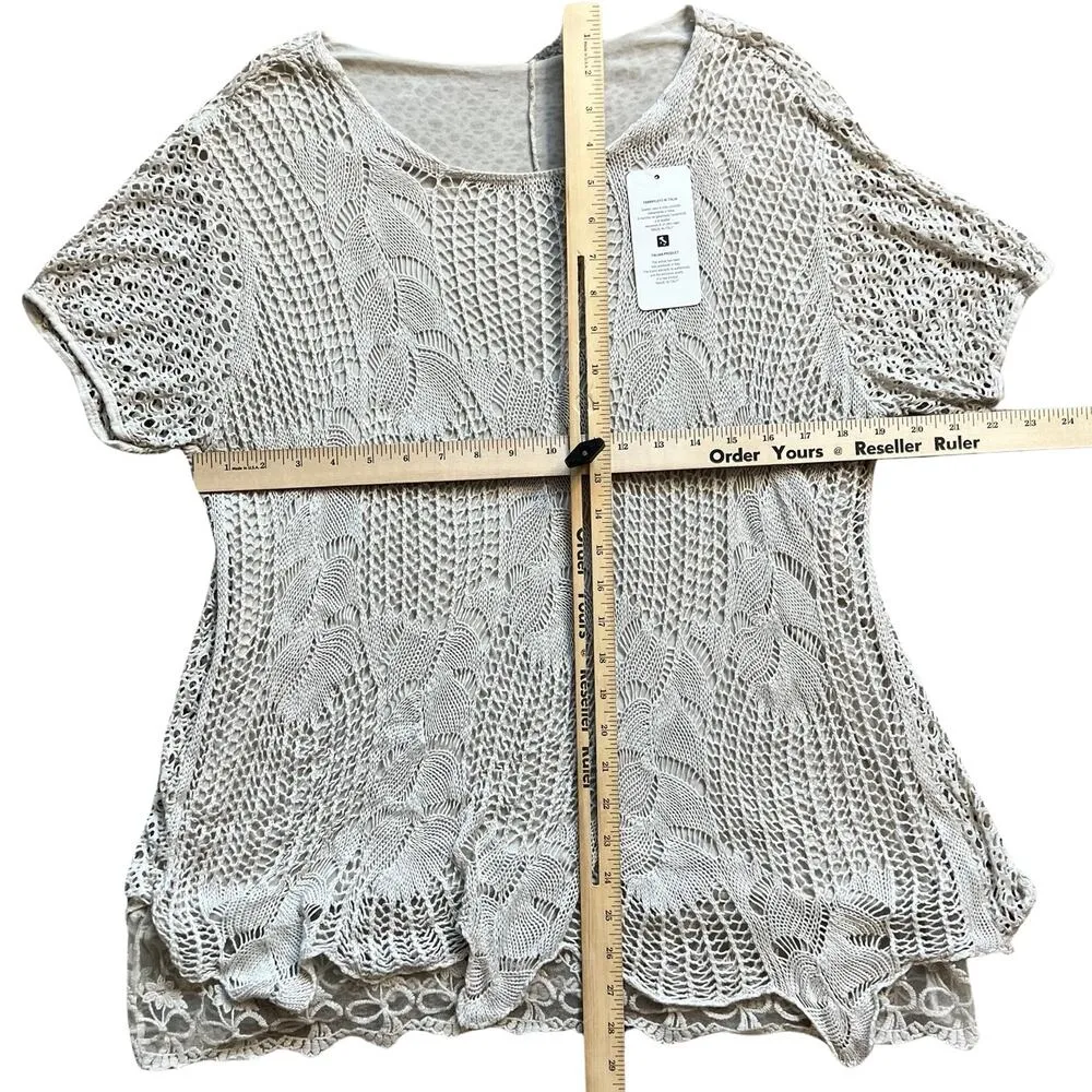 Tan Beige Nude Lace Crochet Knit Short Sleeve Top Size L NEW Tags Made in Italy - Image 7