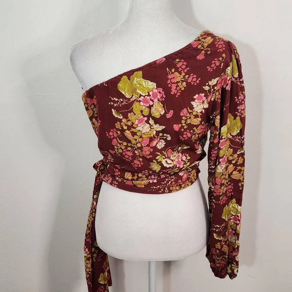 Rachel Roy Burgundy Floral Cropped One Shoulder Top NWT Size XS Floral Top Red - Image 4