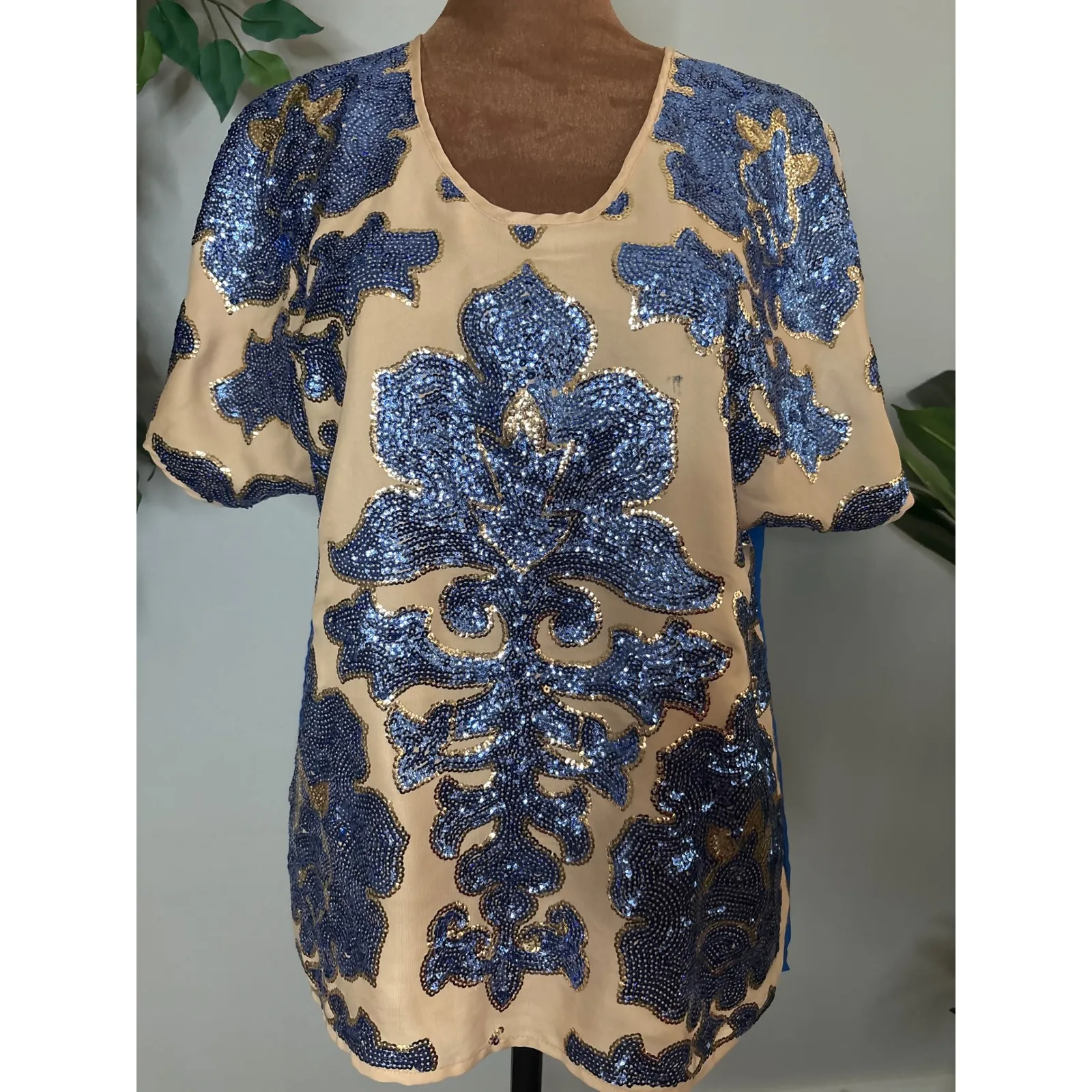 Tracy Reese Neiman Marcus Sequin Embellished Tunic Top Blue Tan Women's Small - Image 2