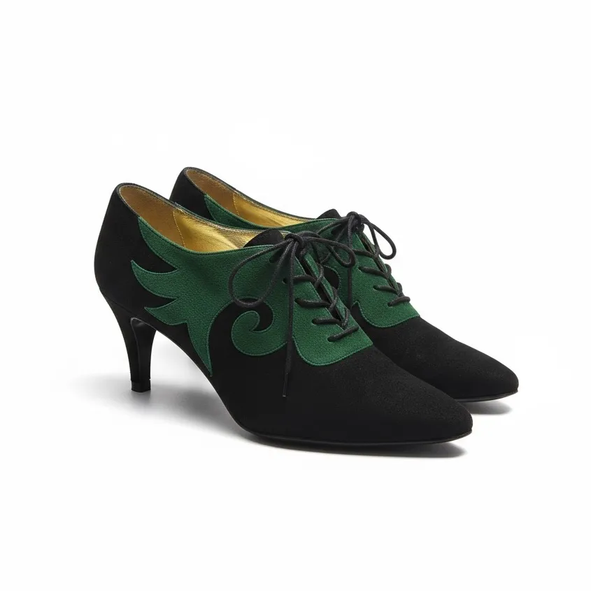 Vintage: Escada 𒀭 Lace Up Granny Heeled Ankle Booties 𒀭Black + Green Suede 𒀭9 Black - Image 10