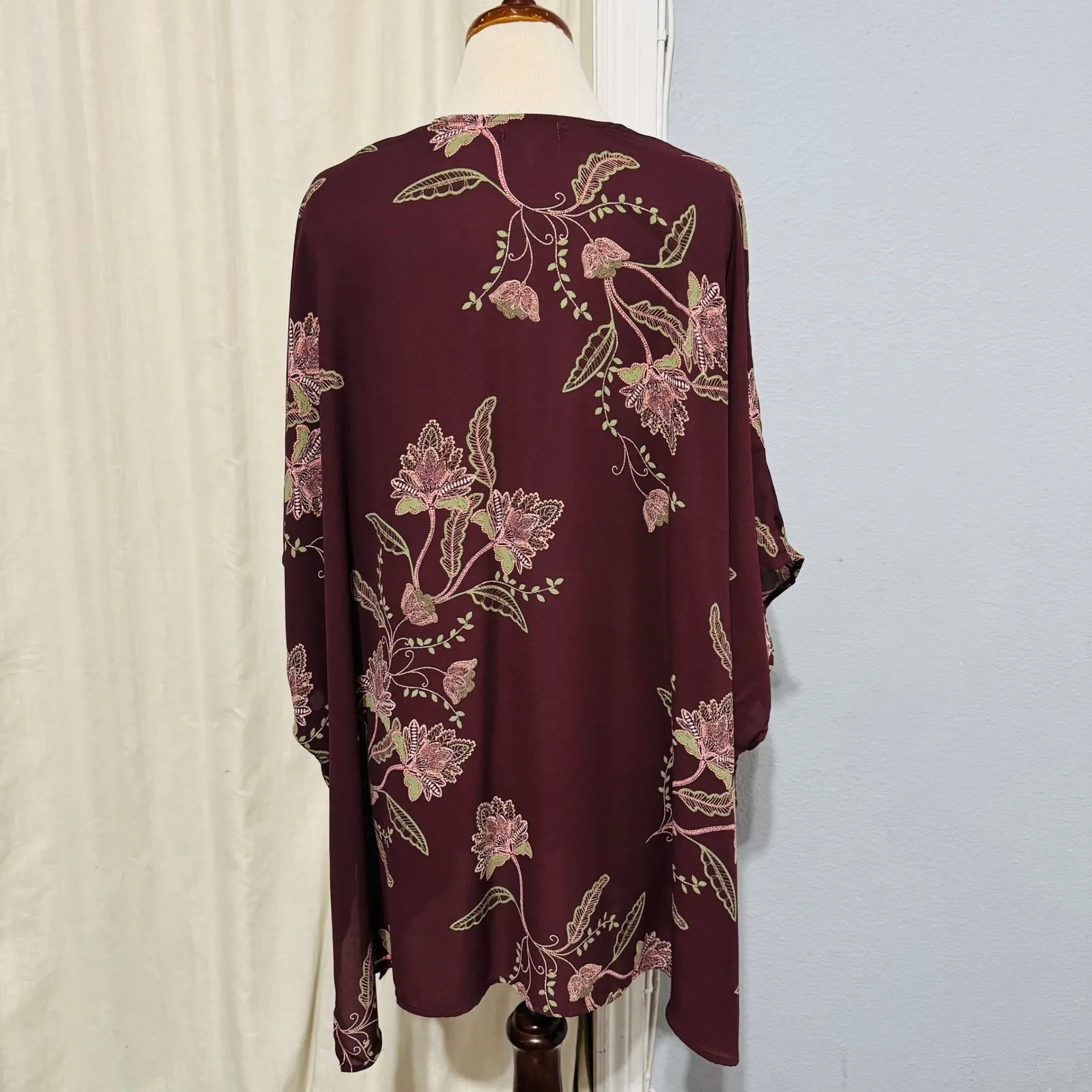 Maurices Burgundy Floral Print Kimono Cardigan One Size Lightweight Bohemian - Image 6